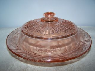 Sharon / Cabbage Rose Pink Depression Glass Covered Butter Dish 