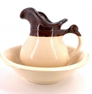 Vintage Mccoy Pottery Pitcher And Wash Bowl/basin Brown/cream 7525 (m380 - 23)