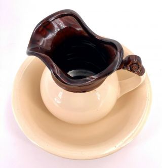 Vintage McCoy Pottery Pitcher and Wash Bowl/Basin Brown/Cream 7525 (m380 - 23) 2