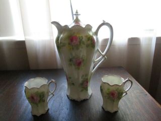 Rs Prussia Pink Roses Floral Chocolate Pot & 2 Cups No Saucers