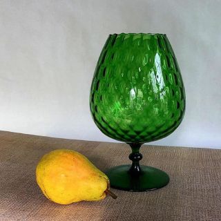 Italian Empoli Emerald Green Glass Diamond Optic Pedestal Brandy Snifter Vase