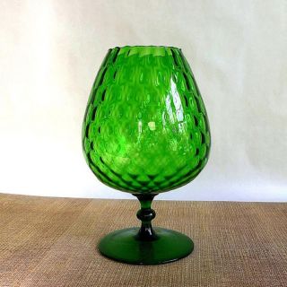 Italian Empoli Emerald Green Glass DIAMOND OPTIC Pedestal Brandy Snifter Vase 2
