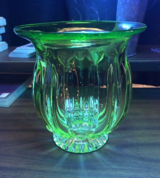 Unique Rare Vtg Neon Green Vaseline Vase Uranium Round Panel Art Glass