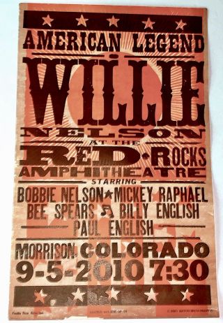 Willie Nelson 2010 Concert Poster Hatch Show Print - Red Rocks (morrison,  Co)