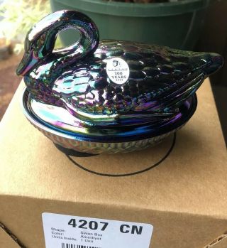 Fenton Amethyst Carnival Glass Swan On Nest Jewelry Box Nib Nos Gorgeous
