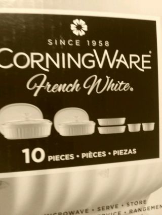 In.  Box.  10 Piece Corning W French White Bake Ware,  W/ Hot And Cold Lid
