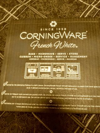 in.  box.  10 piece CORNING W French white bake ware,  w/ hot and cold lid 4
