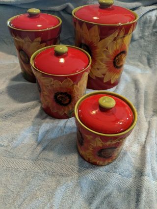 Certified International Sunflower Canister Set Of 4 Minor Crazing On 1 Red & Yel