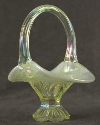 Vintage Vaseline Art Glass Fenton Opalescent Yellow Topaz Miniature Basket Nwt