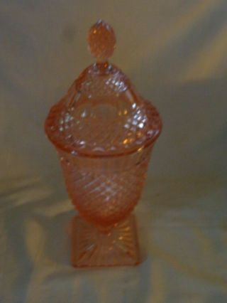 Vintage Pink Depression " Miss America " Tall Covered Candy Dish