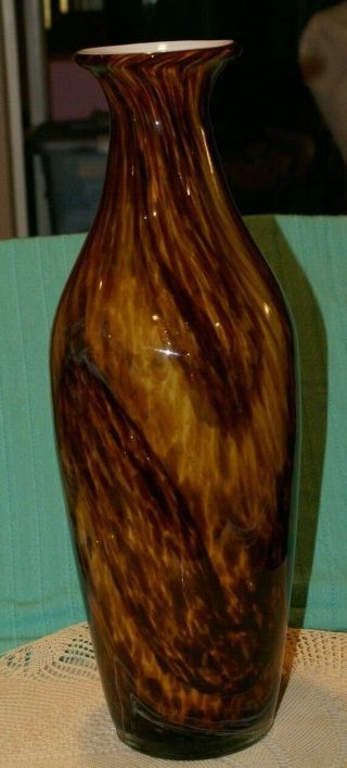Hand Blown Glass Vase Brown And Orange Swirl Murano Style Large 18” H Base 4 "