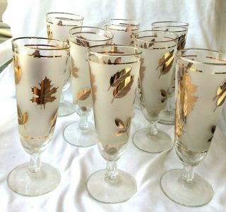 Set Of 8 Vintage Libbey Frosted Gold Leaf Pilsner Beer Glasses
