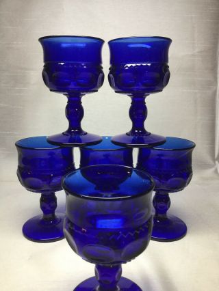 Vintage Set Of 6 Indiana Glass Cobalt Blue Kings Crown 4oz Goblets Stemmed Wine