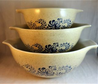 Pyrex Homestead Blue Set Of 3 Cinderella Nesting Mixing Bowls 441 442 443