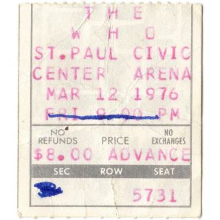 The Who Concert Ticket Stub St Paul Mn 3/12/76 Civic Center By Numbers Tour Rare