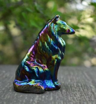 Mosser Collie / Sheltie Purple Carnival Glass Dog Figurine Paperweight