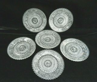 Set Of 6 Vintage Clear Pressed Glass Pattern Cup Plates Saucers / Coasters