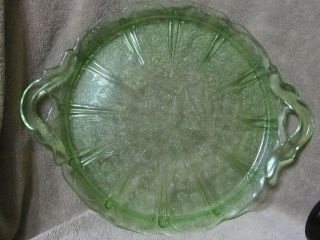 Vintage Green Uranium Depression Glass 10in Platter W/ Applied Handles