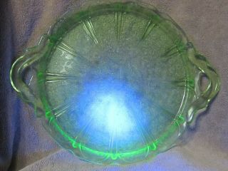Vintage Green Uranium Depression Glass 10in Platter w/ Applied Handles 2