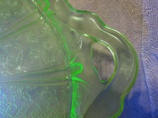 Vintage Green Uranium Depression Glass 10in Platter w/ Applied Handles 4
