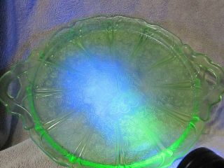 Vintage Green Uranium Depression Glass 10in Platter w/ Applied Handles 5
