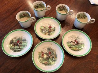 Extremely Rare Set Of 4 Spode Hunt Scene Demitasse Cups And Saucers - Vintage