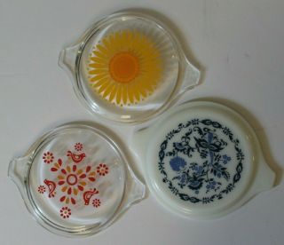 Set Of 3 Vintage Pyrex 6 " Glass Lids Only Sunflower,  Red/orange Bird,  Blue/white