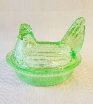 Vintage Green Vaseline Glass Chicken In A Basket,  5 "