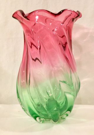 Vintage Hand Blown Glass Vase Teleflora Cranberry Pink Green Ruffled Estate Find