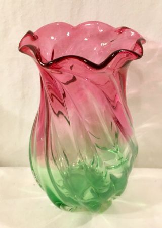 Vintage Hand Blown Glass Vase Teleflora Cranberry Pink Green Ruffled Estate Find 2