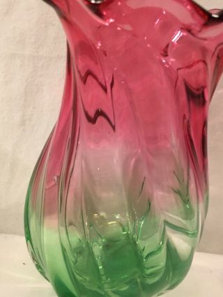 Vintage Hand Blown Glass Vase Teleflora Cranberry Pink Green Ruffled Estate Find 3