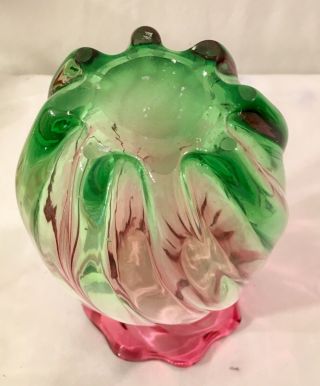 Vintage Hand Blown Glass Vase Teleflora Cranberry Pink Green Ruffled Estate Find 5