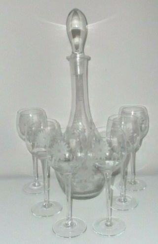 Vtg.  Touscany Crystal Decanter With 6 Wine Glasses - Toy 11 - Romania - Rare
