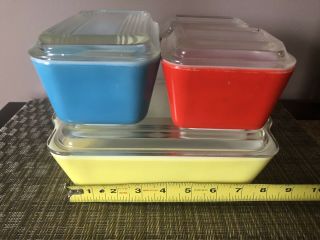 Vintage Pyrex Primary Colors Refrigerator Dish 8 Pc Set W/ Lids Yellow Blue Red