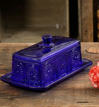 The Pioneer Woman Adeline Cobalt Blue Embossed Glass Butter Dish W/ Lid 2pc