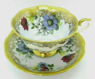 Royal Albert Tea Cup & Saucer,  Light Blue/lavender W/ Floral Design & Heavy Gold