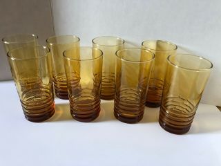 Set Of 8 Vintage Amber Glasses Tumblers With Rimmed Bottom Libbey