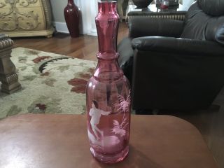 Cranberry Mary Gregory Glass 9 1/2 " Water Bottle White Enameled Boy