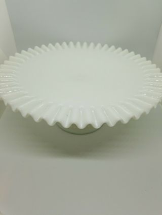 Vintage 13 " Fenton Hobnail White Milk Glass Cake Plate Stand Ruffled Edge