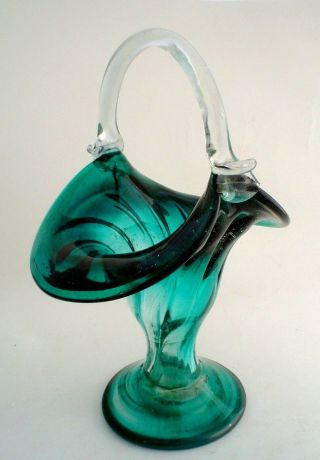 Vintage Murano Art Glass " Wedding Basket " Blue Green With Clear Handle