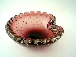 Murano Art Glass Candy Dish Purple With Controlled Bubbles And Crimped Edge