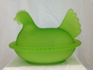 Indiana 7 Inch Lime Green Satin Frost Glass Hen On Nest Covered Candy Dish