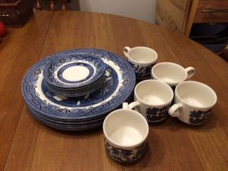Vintage Set Of 17 Churchill Blue Willow Dishes - England - Plates,  Cups,  Saucers