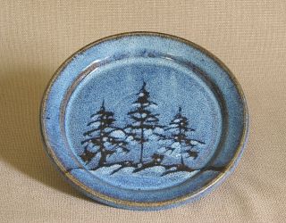 Potterybydave - Side Plate - Set Of 2 - Blue W/ Pine Trees - Hand - Thrown