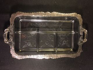 Antique 1920’s Etched Glass 4 - Part Divided Serving Dish With Silver Overlay