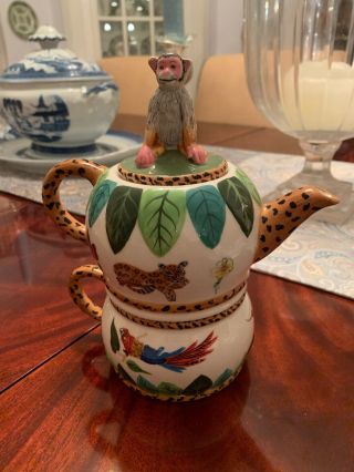 Lynn Chase Jungle Jubilee Tea For One Hand Painted Stacked Teapot Mug Monkey