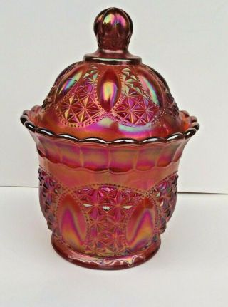 1960s Imperial Sunset Ruby Carnival Glass Rare Beaded Jewels Covered Jar No.  975