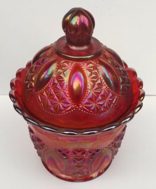1960s Imperial Sunset Ruby Carnival Glass RARE Beaded Jewels Covered Jar No.  975 2