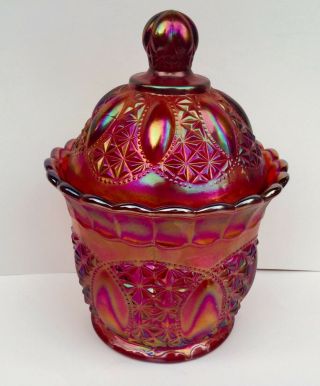1960s Imperial Sunset Ruby Carnival Glass RARE Beaded Jewels Covered Jar No.  975 3