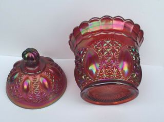 1960s Imperial Sunset Ruby Carnival Glass RARE Beaded Jewels Covered Jar No.  975 4
